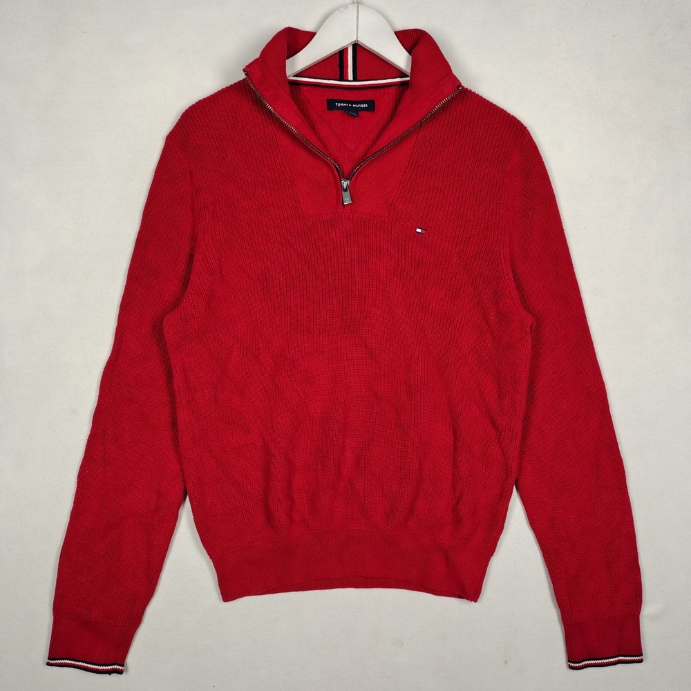 Tommy Hilfiger Red Quarter Zip Knit Pullover Cotton Sweater Medium